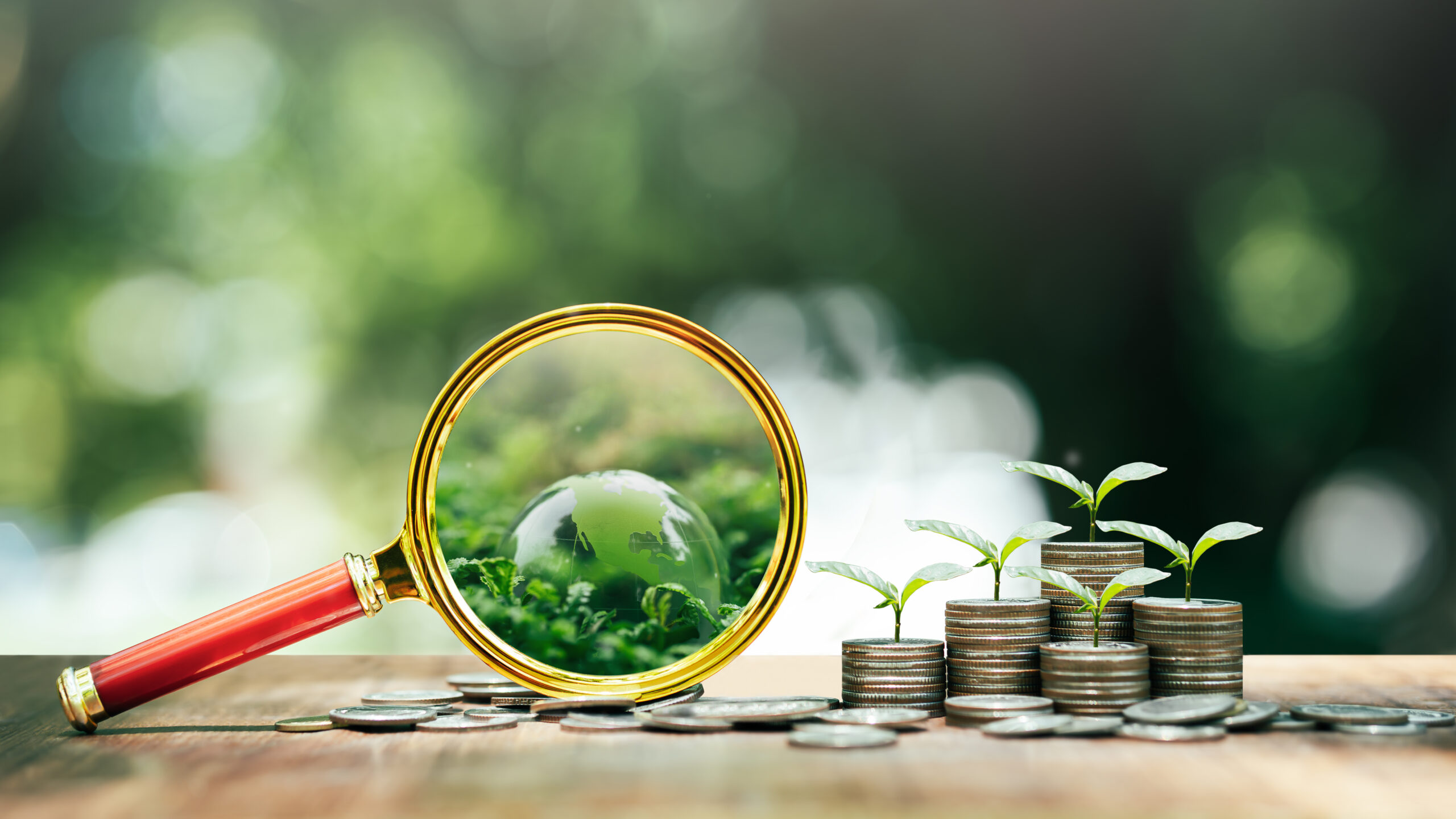 green investment sustainable future A seedling is growing on a coin lying on the ground. with a magnifying glass with an icon of planning on it around green financial growth concept